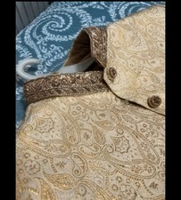 Men's Cream & Gold Brocade Groom Sherwani Set with Turban, Dupatta & Shoes