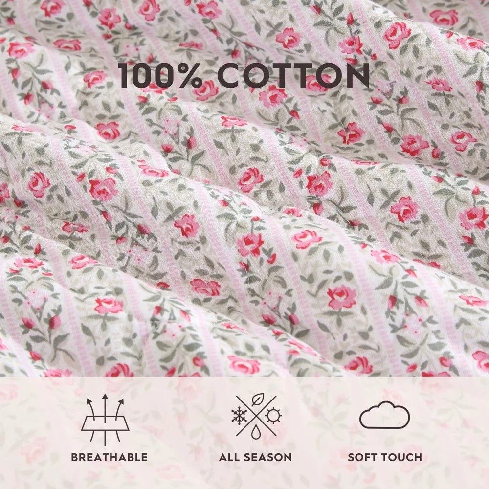 Laura Ashley Marta Pink & Green Rose Floral Striped Cotton Twin QUILT SET