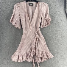 Reformation Dress Womens Small Pink Gingham Linen Wrap Ruffle Mini USA