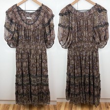 Ulla Johnson Naysa Dress Noir Patchwork Silk Midi Tiered Brown Metallic Size 10