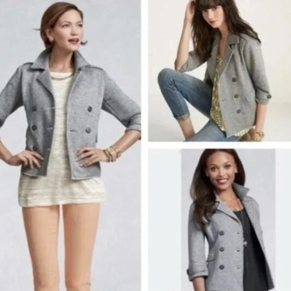 CAbi Gray Shrunken Pea Coat Double Breasted Anchor Button Jacket Size Small - Image 2 of 4