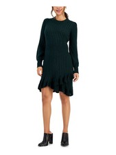 TAYLOR Womens Green Blouson Sleeve Round Neck Short Sweater Dress Petites PS