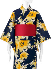 Japanese Summer Kimono Yukata Sunflower Navy Obi Set Women s Cotton Floral
