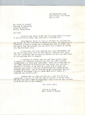 1946 Eleanor Deane Letter re Son Oliver Navy GI Bill Lafayette Aptitude Test