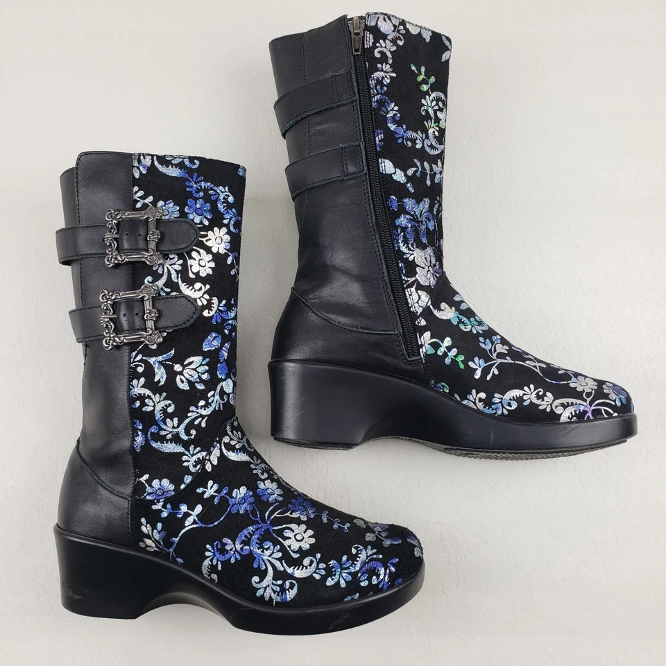 Alegria Erica Snazzy Bota Floral Mujer 8-8.5 38 Negro Azul Cuero Correa Hebilla Foto 2 de 4