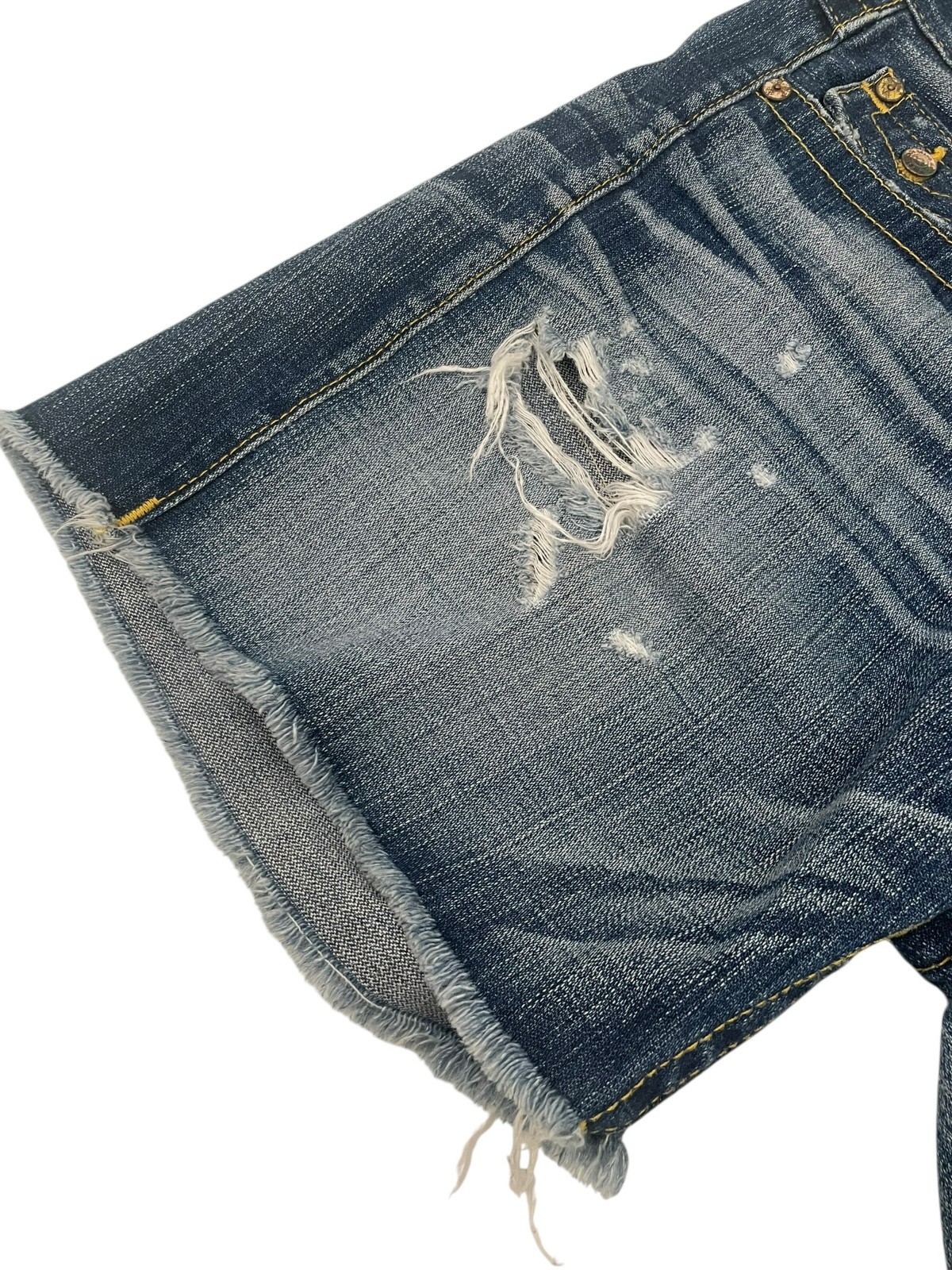 True Religion Women’s Button Fly Factory Frayed Denim Shorts 100% Cotton Size 32 thumbnail 7