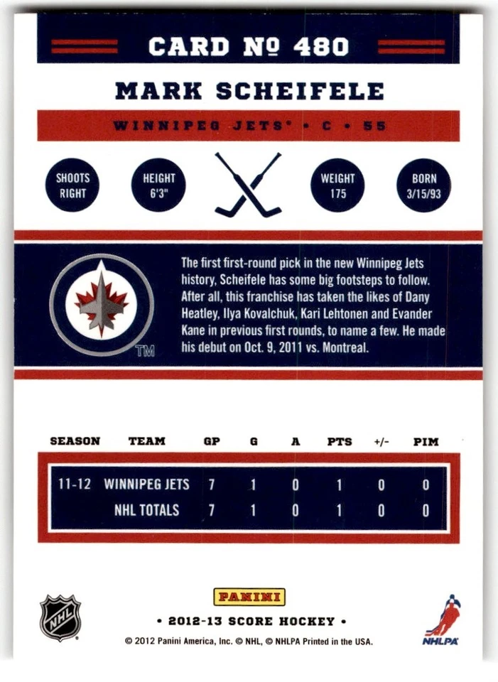 Mark Scheifele 2012-13 Score Gold Rush #480 Winnipeg Jets - Image 2 of 2