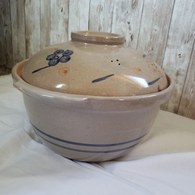 Handan Ceramic Floral Pottery Bowl w/ Lid Round Glossy Beige Blue 10'' China