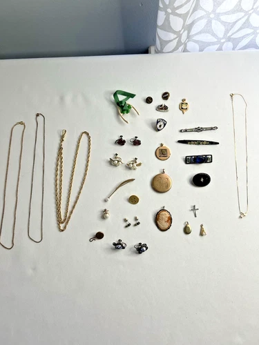 VINTAGE ART DECO JEWELRY LOT 28pcs GF NECKLACE SHELL 800 SILVER CAMEO BAR PINS