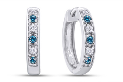 1/7ct Real Blue & White Diamond Huggies Hoop Earrings 10K Solid Gold