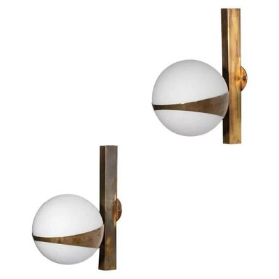 Pair Stilnovo Style Opaline Brass Sconce Midcentury Solid Beside Wall Lamp Glass