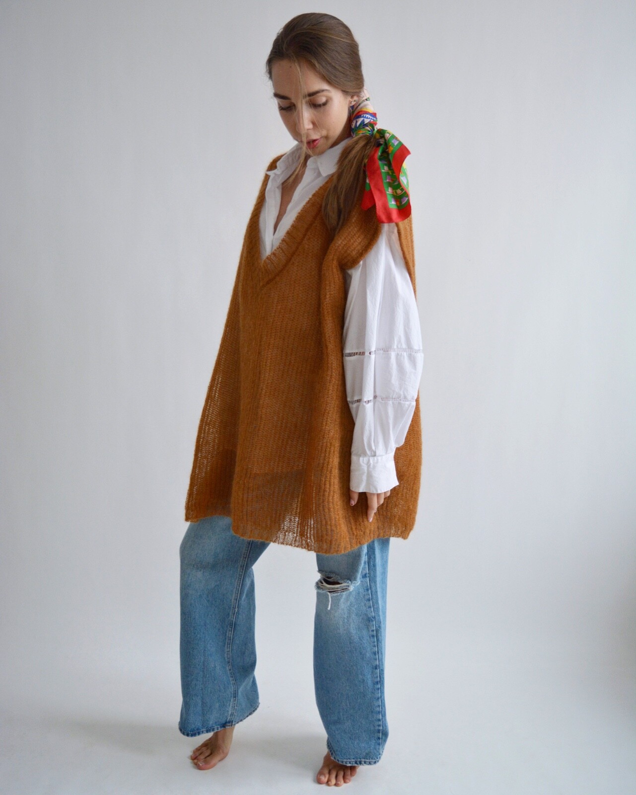 Brown sweater vest Handknit waistcoat Mohair vest Sleeveless loose sweater