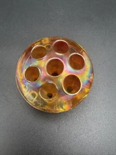 Vintage Marigold Iridescent Carnival Glass Flower Frog - 7 Holes 2.25”x 1”