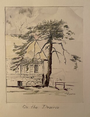 Western Art: On the Prairie by E.L.B. 1933 original pencil & watercolor