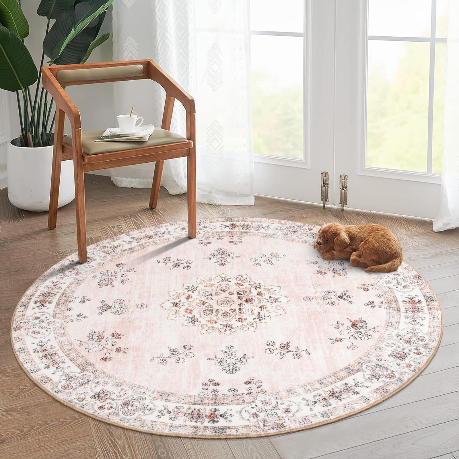 Lahome Machine Washable Round Rug 5Ft Soft Boho Pink Round Area Rugs for Nur...