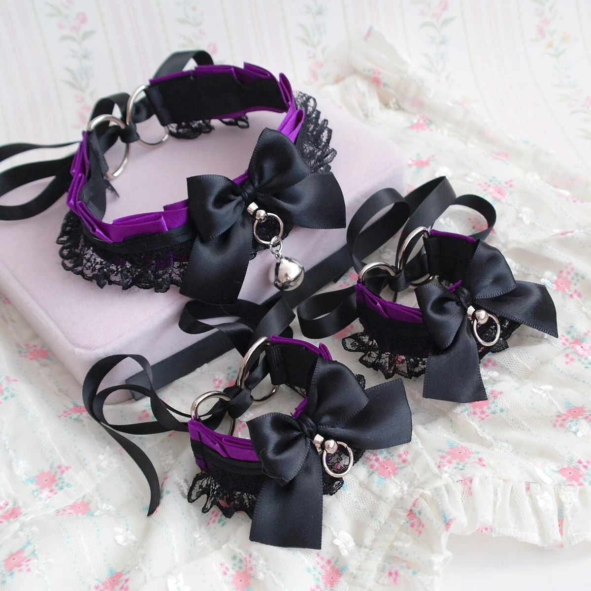 Purple and Black Lace Kitten Pet Play Gear Collar and Cuffs Set Choker Necklace
