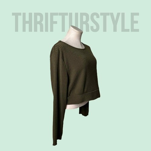 Olive Green Ribbed Knit Cropped Long Sleeve Top Casual Everyday Shirt - Picture 3 of 7