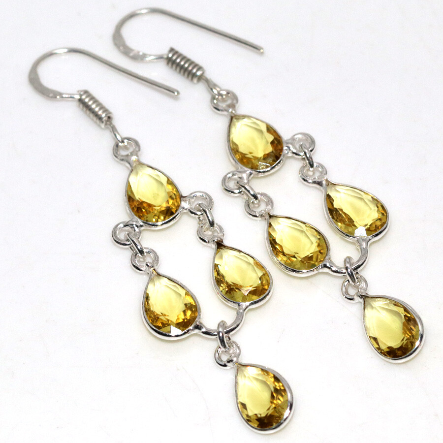 925 Silver Plated Citrine Faceted Ethnic Long Earrings Jewelry Size 2.3