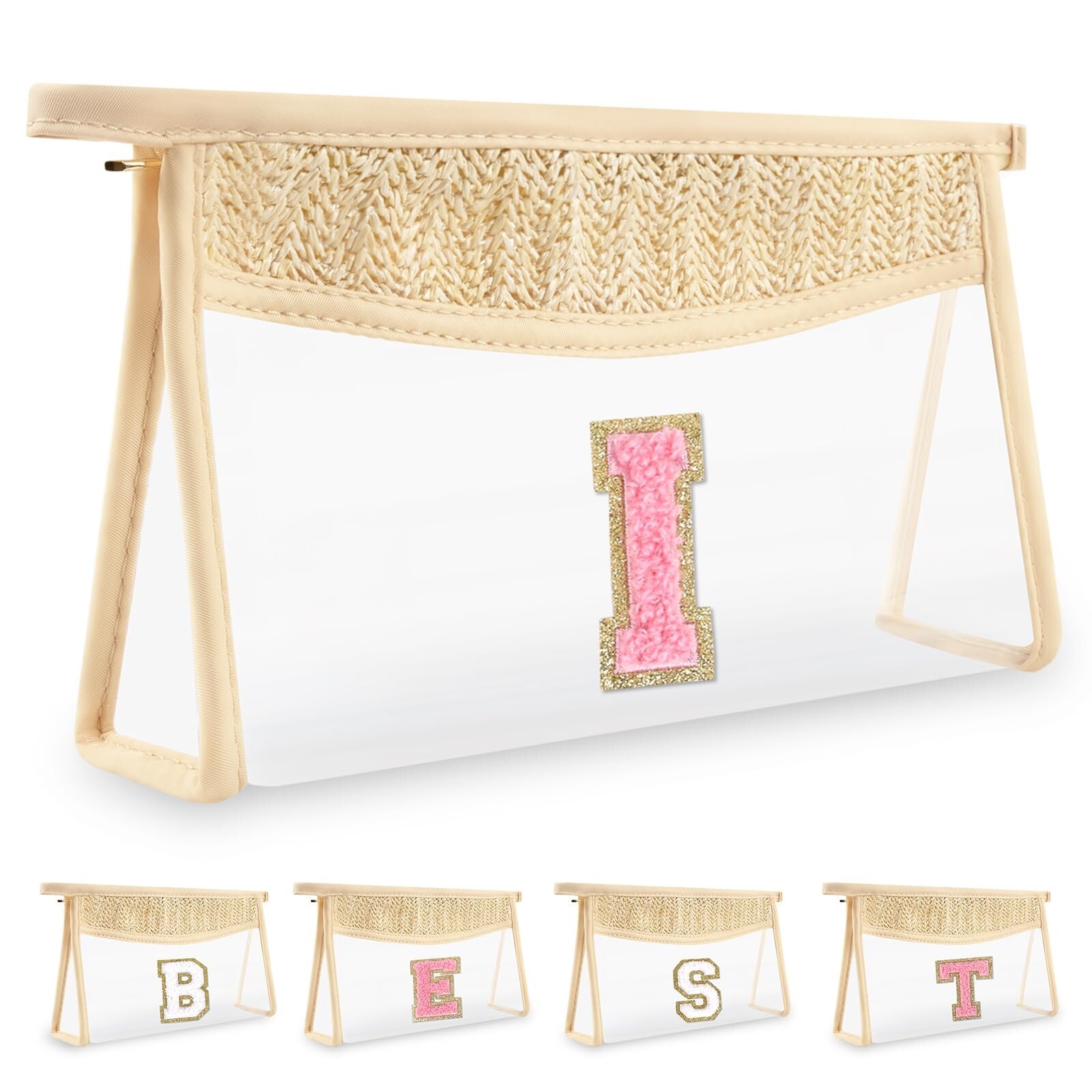 Small Boho Straw Clear Makeup Bag Personalized Initial Letter Pouch, Cute Pre...