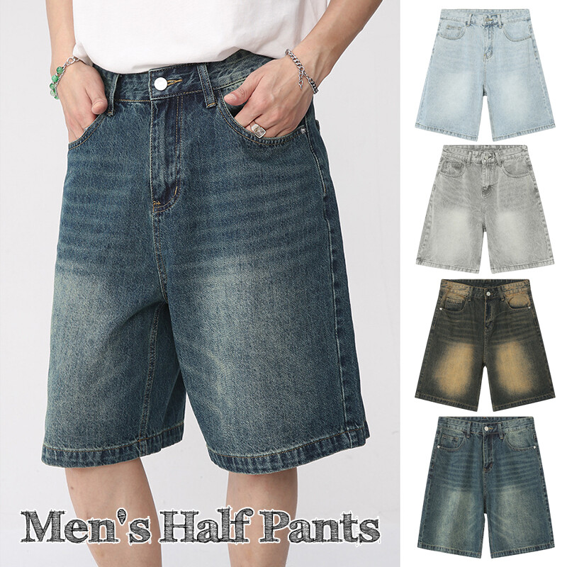 Mens Jeans Shorts Denim Half Pants Wide Leg Straight Pocket
