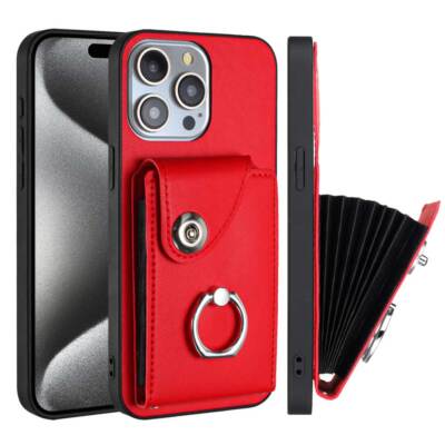 For iPhone 15 Pro Max 14 13 17 16e Card Slot Ring Stand Leather Phone Case Cover