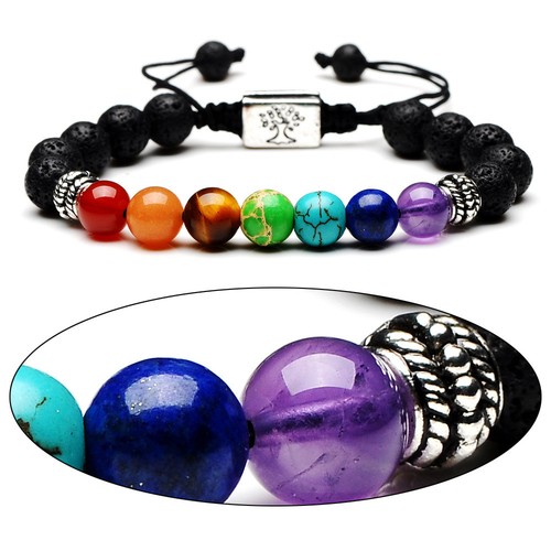 Natural 7 Chakra Tree Of Life Charm Lava Stones Multicolor Bead Rope Bracelet - Picture 6 of 9