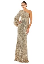 Mac Duggal 26717 Gold Sequin One Shoulder Bishop Sleeve Trumpet Gown Size 14