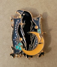 Magical Raven And Cresent Moon Enamel Pin- Black, Gold, Orange, Aqua, And Purple