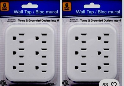 2PKWall Tap Adapter Converts 2 Grounded Outlets Into 6,White, Type B, Indoor Use