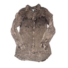 Nostalgia Grey Brown Acid Wash Fringe Western Rayon Button Down Shirt Medium NWT