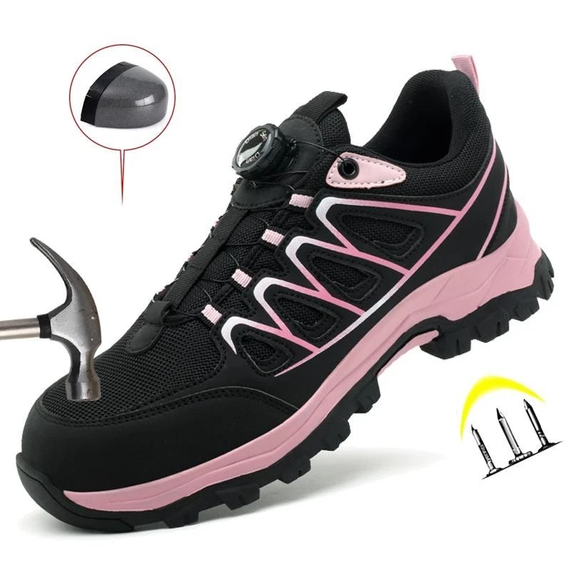 Women Safety Work Shoes Rotating Buckle Breathable Non-Slip Steel Toe Sneakers