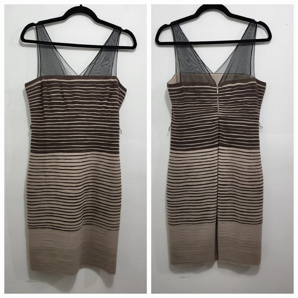 Vestido BCBGMAXAZRIA Christi Talla 8 Marrón Funda a Rayas Bodycon Hasta la Rodilla Seda Foto 2 de 4