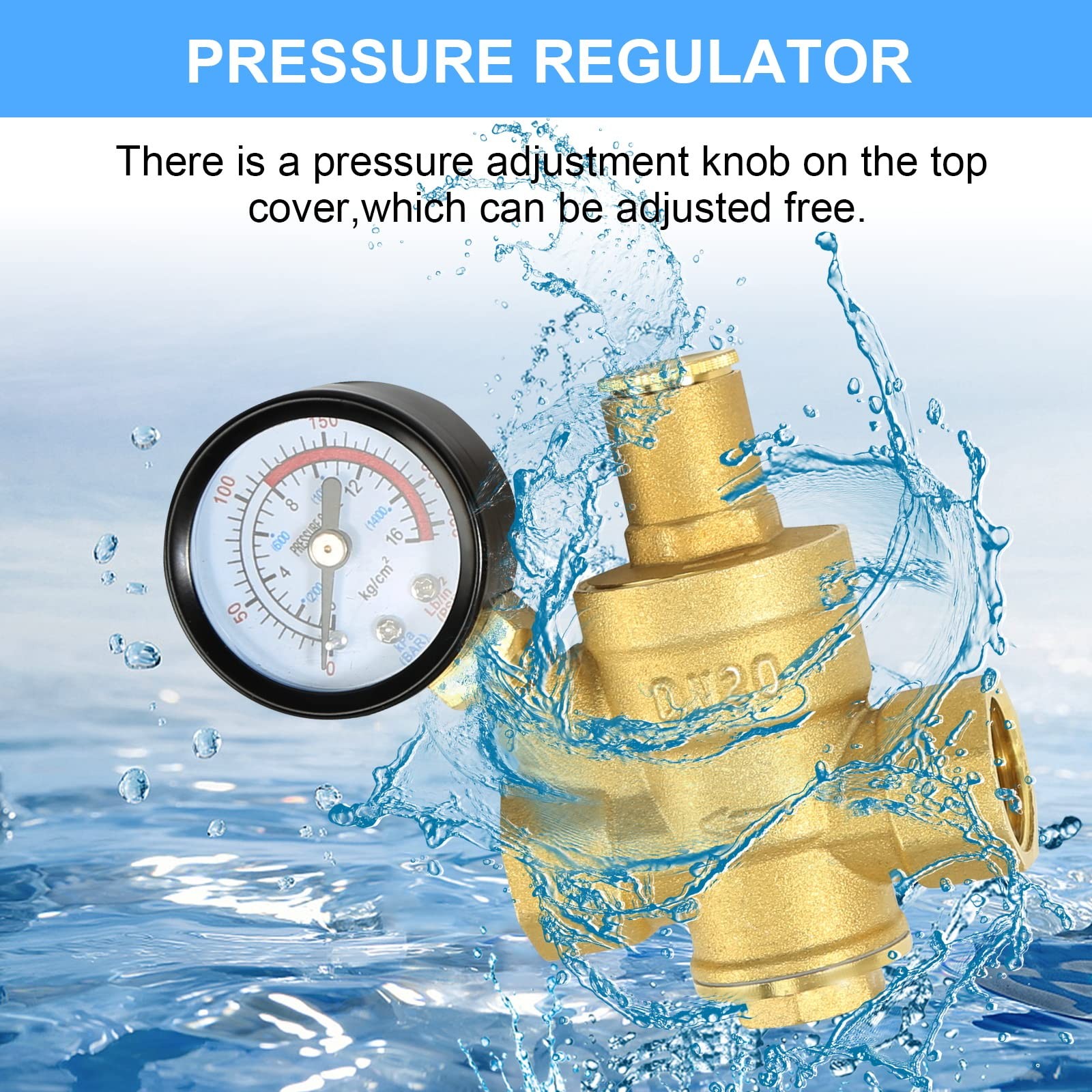 3/4 Inch Water Pressure Regulator with Gauge - Adjustable Brass Valve for Home