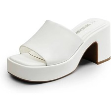 New Dream Pairs Womens 7.5 White 3.5" Chunky Heel Slide On Open Toe Mule Shoes