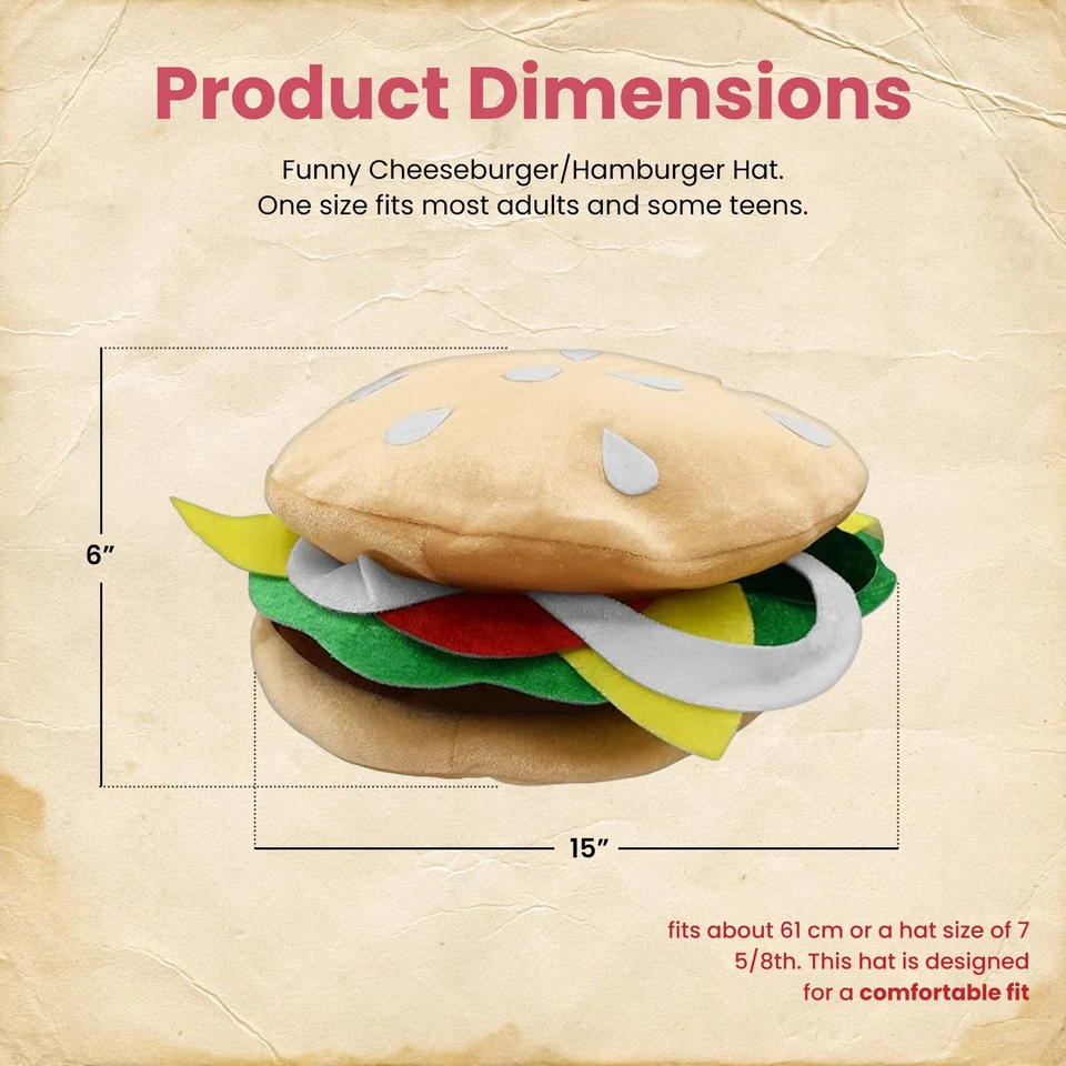 Sombrero de hamburguesa con queso adulto hamburguesa novedad hamburguesa divertida accesorio de disfraz Foto 3 de 4
