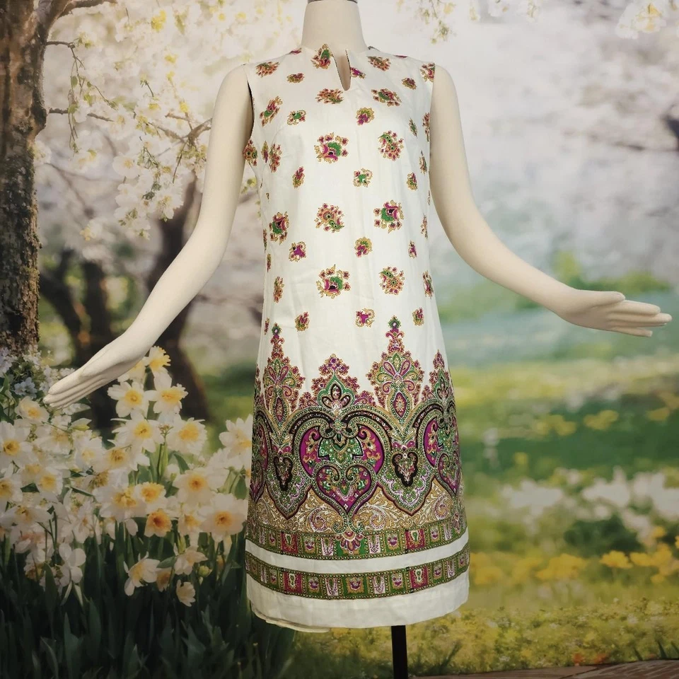 Mardi Gras Sleeveless Dress Paisley Green Pink 1970s Liberty Circle Vintage - Image 2 of 4