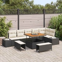 9-Teiliges Garten-Sofaset Mit Kissen Schwarz Poly-Rattan Akazie, 2-Sitzer Garten