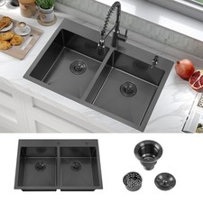33" Inch Black Drop in Double Bowls Kitchen Sink 33x22 Inch, Nano Black