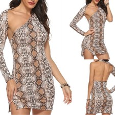Women Cutout One Shoulder Backless Long Sleeve Snakeskin Bodycon Mini Dress