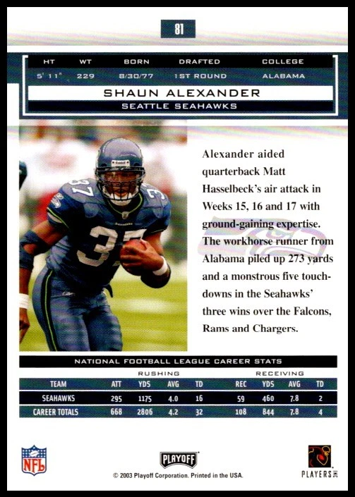 2003 Shaun Alexander Playoff Honors FOOTBALL #/250 #81 Seattle Seahawks - Image 2 of 2