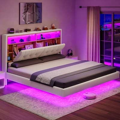Queen Size Upholstered Floating Bed Frame with LED Lights & Storage Headboard