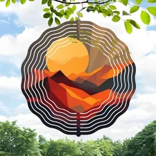 Serene 3D Metal Hanging Wind Spinners - Nature-Inspired Sun & Mountain Design 