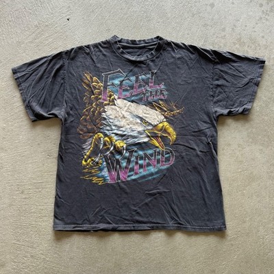 Vintage 90s Feel The Wind Shirt Size Large Faded Black USA Thunder Bald Eagle