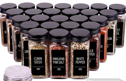 New 25 Piece Square Glass Spice Jars With Black Lid Sift & Pour Shaker & Labels