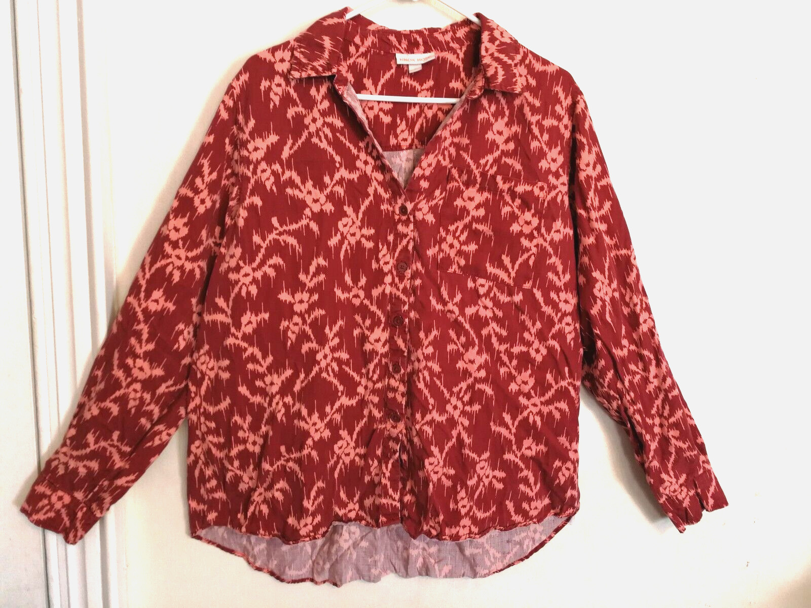 Knox Rose Womens Blouse L Burgundy Red Pink Button Up Shirt Pockets Long Sleeve