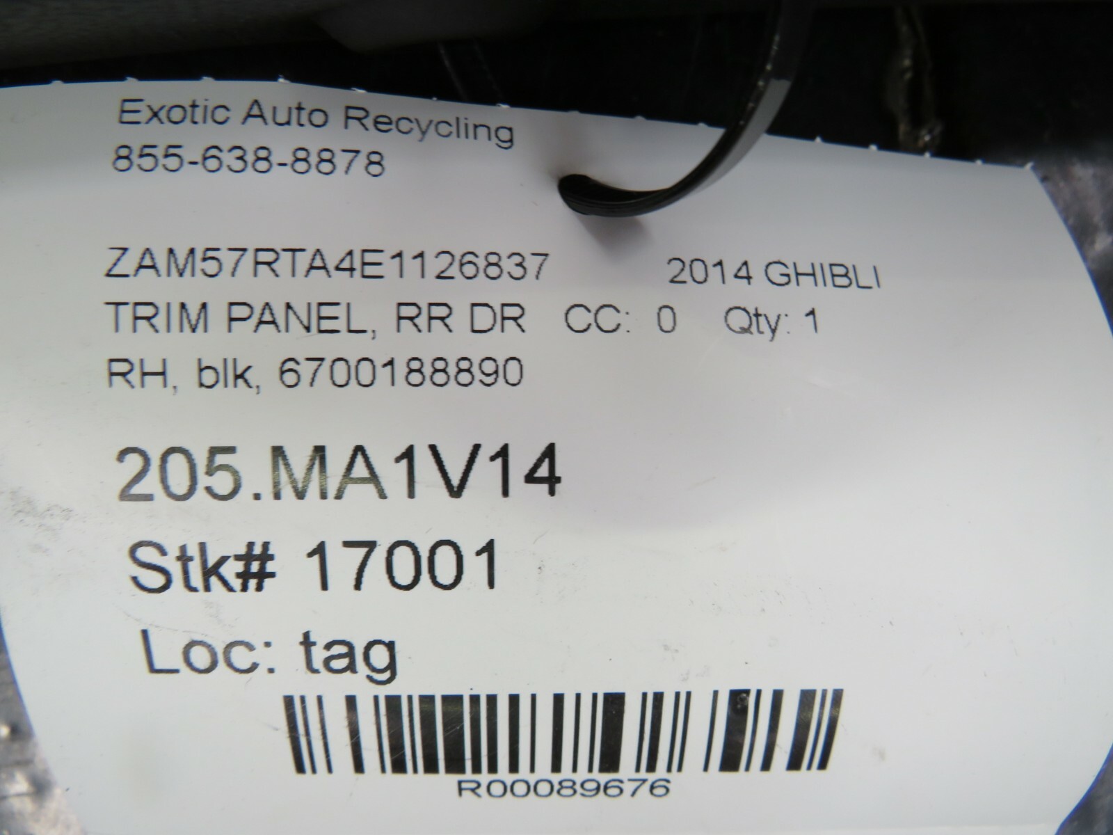 Maserati Ghibli, RH, Right Rear Door Trim Panel, Black, Used, P/N 6700188890