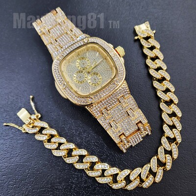HIP HOP GOLD PLATED SIMULATED DIAMOND RAPPER WATCH & ICED CUBAN ...