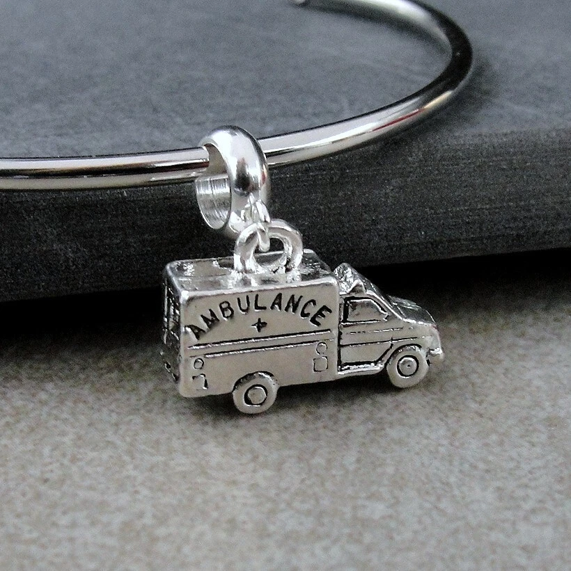 Silver Ambulance Dangle Charm Paramedic EMT Charm fits European Bracelet
