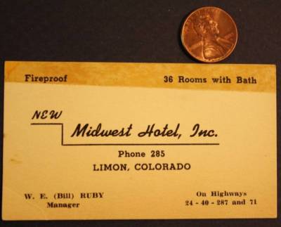 Limon Colorado New Midwest Fireproof Hotel Business Card Hwys 24 40 +