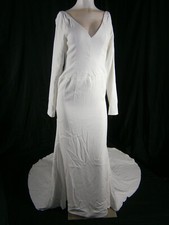 NY Designer Wedding Dress 6 Light Ivory Soft Satin Long Sleeve Sheath Illusion
